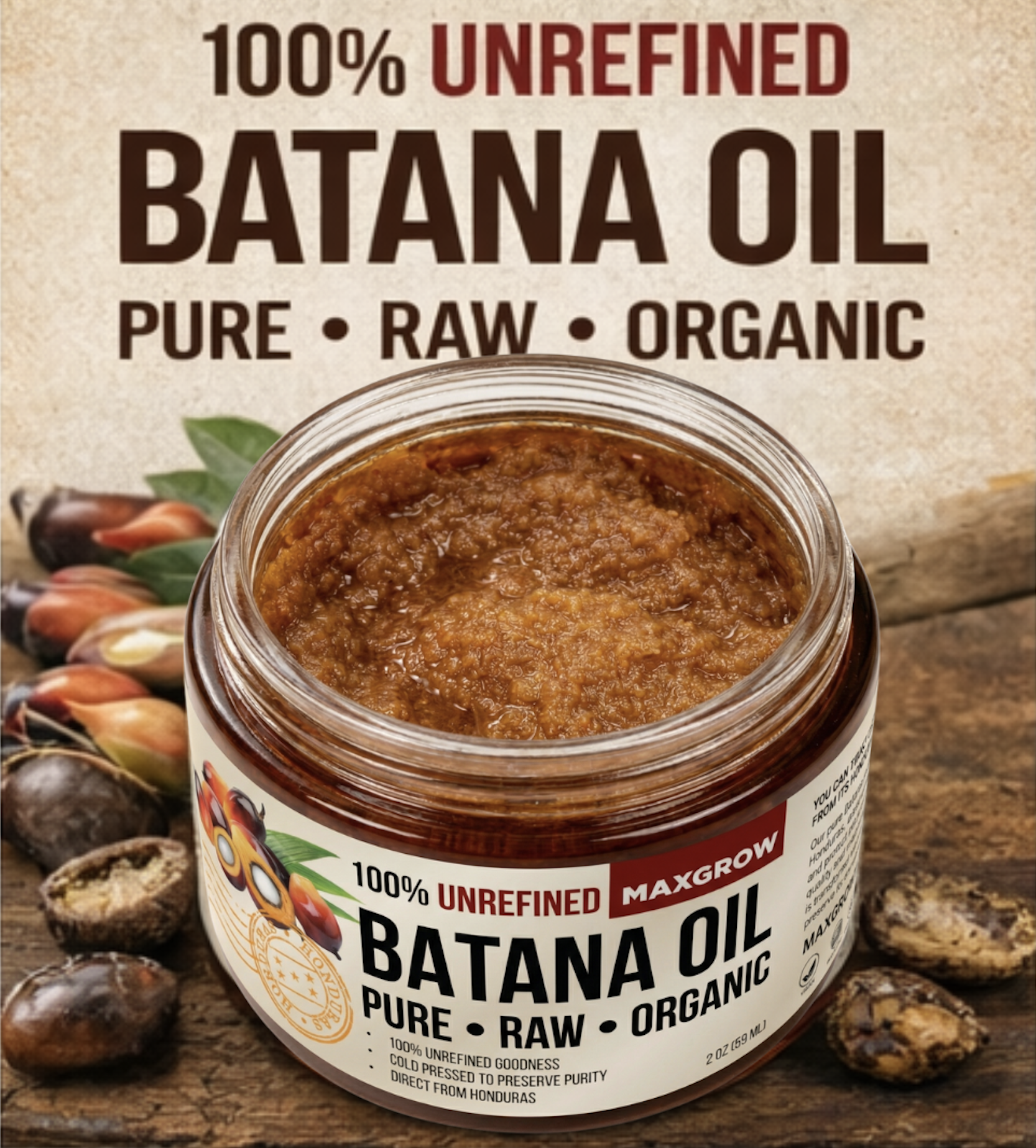 Open jar of 100% unrefined batana oil showing thick earthy brown texture, used as a visual reference for spotting real batana oil