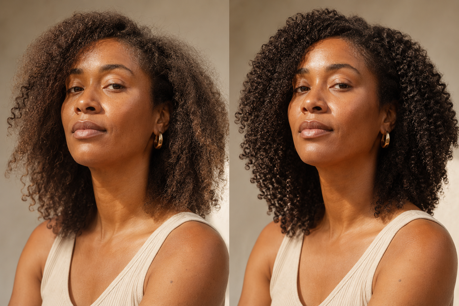 Before and after — fuller, healthier-looking curls after the Vie Naturelle Batana Oil ritual