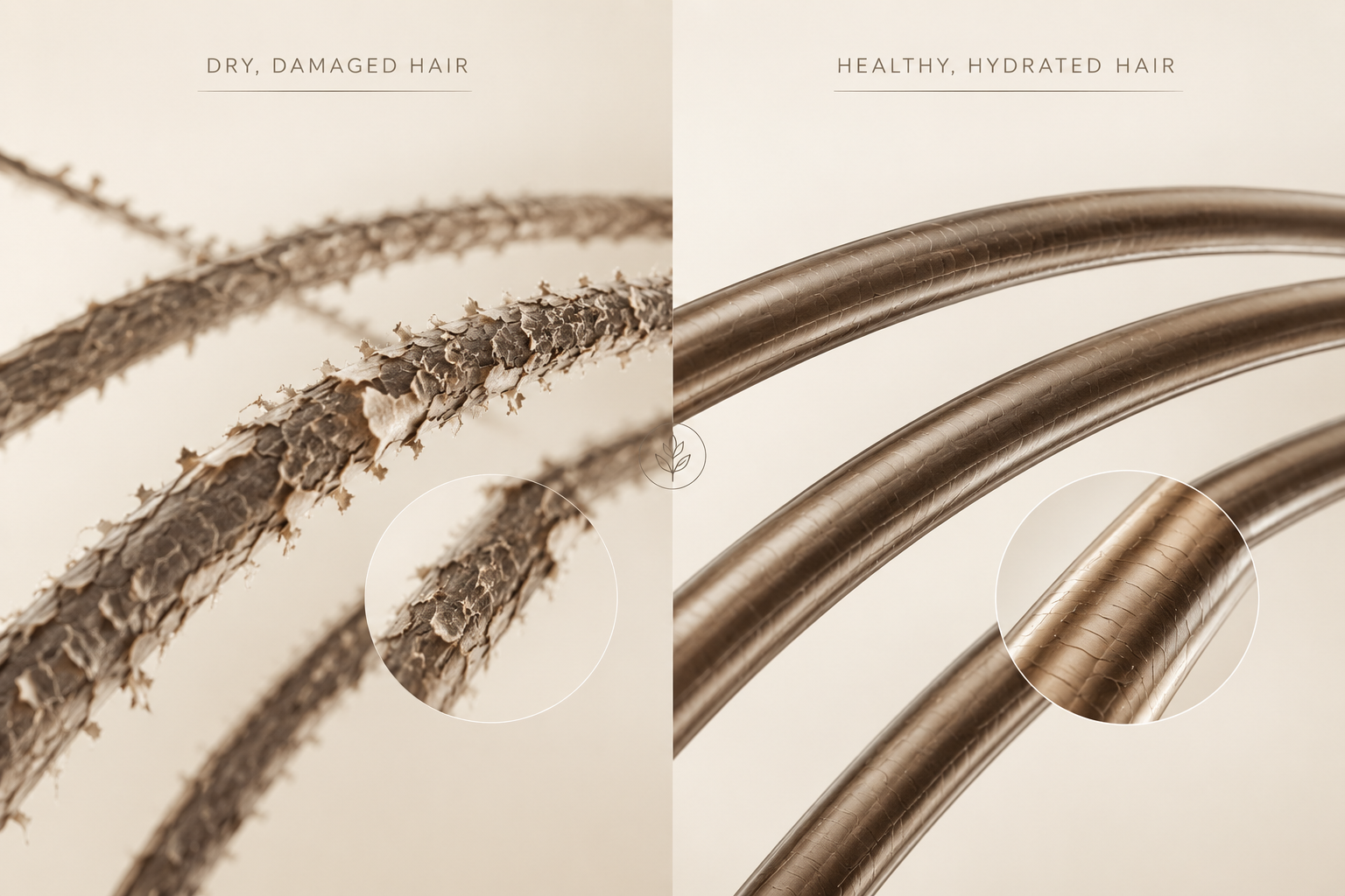 Microscope comparison of dry, damaged hair strands with raised cuticle scales beside healthy, hydrated hair strands with smooth, sealed cuticles.