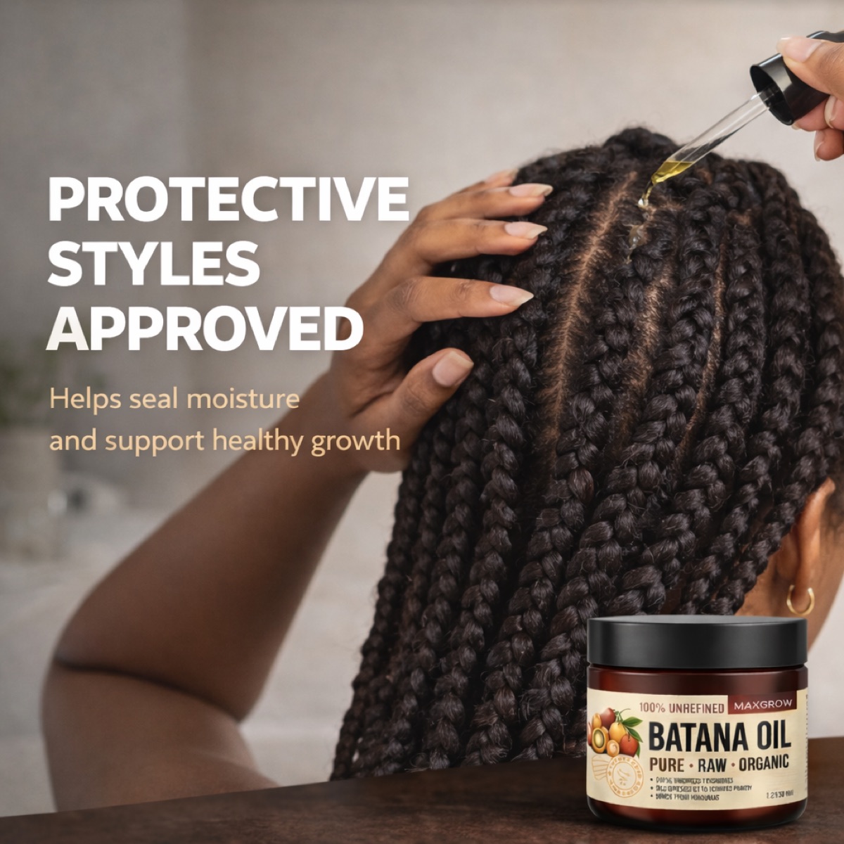 Vie Naturelle Batana ritual hero image showing product, texture, and elevated natural hair-care styling