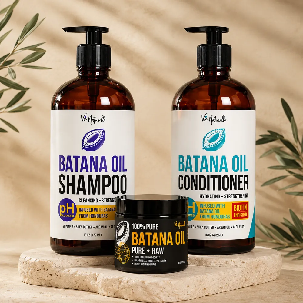 The Vie Naturelle Complete System — Shampoo, Conditioner, and 4 oz Pure Honduran Batana Oil.