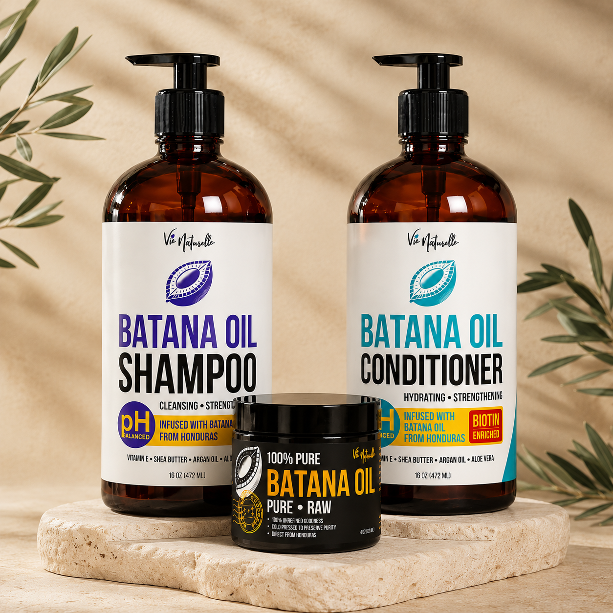 The Vie Naturelle Complete System — Shampoo, Conditioner, and 4 oz Pure Honduran Batana Oil.