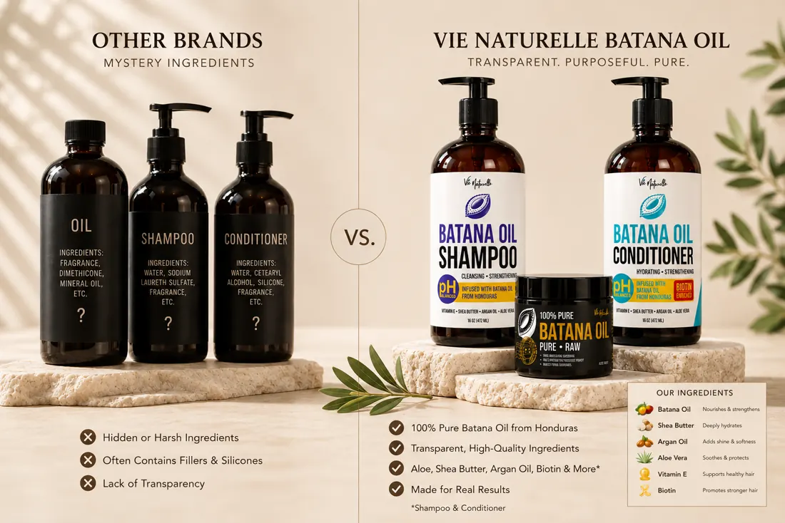 Side-by-side comparison: most haircare brands rely on fillers, fragrance, and undisclosed sourcing, while Vie Naturelle provides pure Honduran Batana Oil with full ingredient transparency and small-batch sourcing.