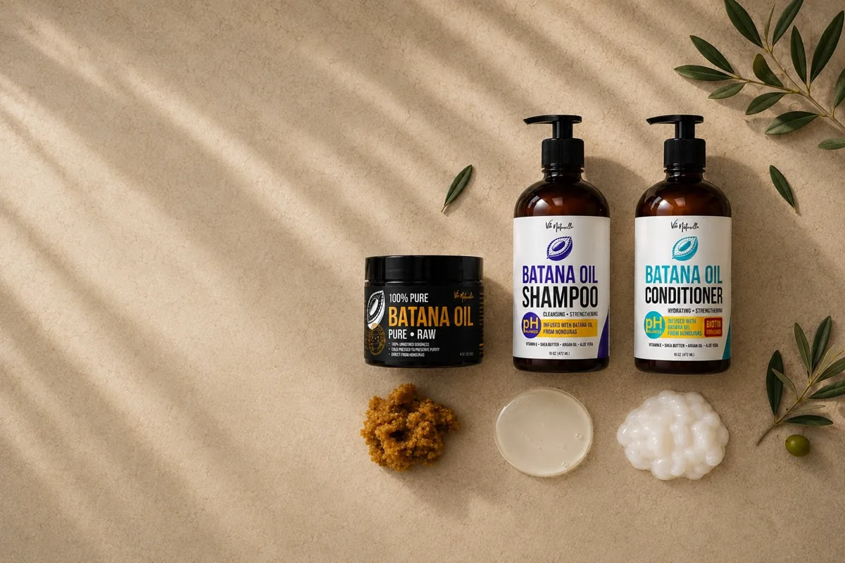 Vie Naturelle Batana Oil, Shampoo and Conditioner on a sunlit marble surface