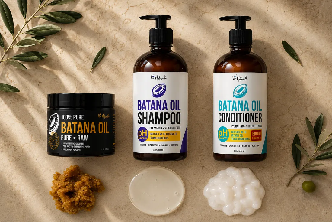 The Vie Naturelle four-step Batana Oil ritual: Treat, Cleanse, Condition, Repeat.
